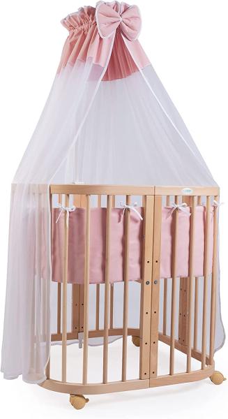 Waldin Babybett aus Holz 7in1 mit Matratze, mitwachsendes Kinder-Bett, belüftet, Boden 5-fach verstellbar, All-Inclusive-Set Holz natur, Stoffe lachs