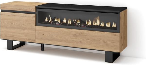 Skraut Home | TV-Schrank, Lowboard | für Wohnzimmer und Esszimmer | 150 x 57 x 35 cm | Für TV-Geräte bis zu 65" | Elektrokamin. Maße | Industriedesign | Moderner Stil | Eiche Schwarz