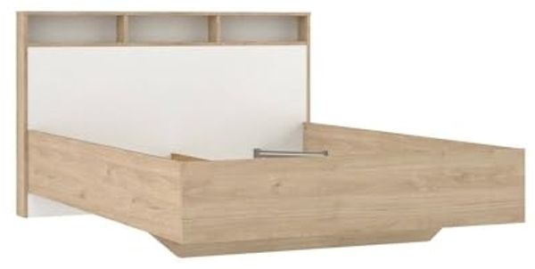 Dmora - Doppelbett Carissa, Struktur des Lagerbetts, Sommier mit Abdeckung, Bettrahmen aus Stoff, 206x150 h97 cm, Eiche und Weiß Bild 2