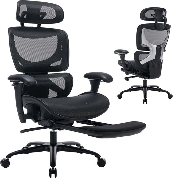 COLAMY Ergonomischer Bürostuhl mit Fußstütze, 3D-Armlehnen, Kopfstütze, Lendenwirbelstütze & Atmungsaktives Mesh – Schreibtischstuhl für Büro & Home Office, Schwarz