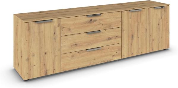 Rauch Möbel Flipp, Sideboard, TV-Schrank, Kommode mit Stauraum, Eiche Artisan, 3-türig, 3 Schubkästen, Griffe chrom, 199x61x42cm