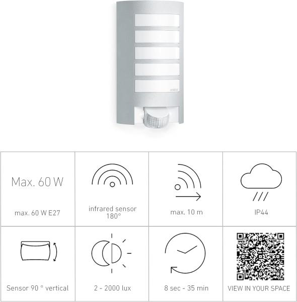 Steinel Außenwandleuchte L 12 S silber, 180°-Bewegungsmelder, E27-Fassung, max. 60 W, Aluminiumblende, IP44 Bild 4