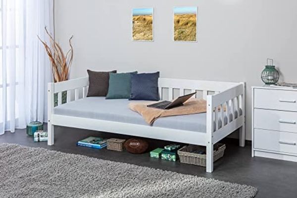 Dmora Einzelschlafcouch, in Kiefer massiv weiß, 98 x 205 x 63 cm, inklusive Lattenrost