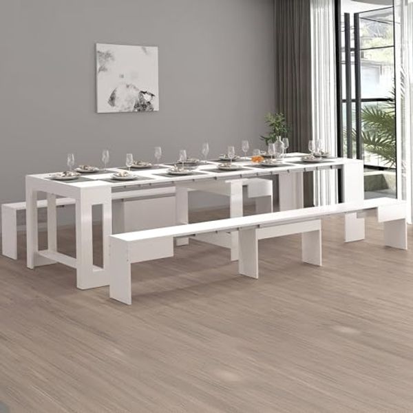 Dmora - Bank Torquato, Set mit 2 Sitzgelegenheiten für den Esstisch, ausziehbare Bänke, 290 x 25 x 45 cm, glänzend weiß