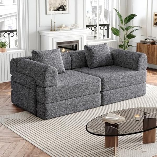 Ball & Cast Bodensofa, Umwandelbarer 2-in-1 Sofa Bett, Chenille Klappsofa mit Armlehne für Schlafzimmer Wohnzimmer, Grau, 2 Sitze