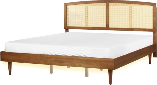 Bett mit LED VARZY 180 x 200 cm LED Rattan Heller Holzfarbton