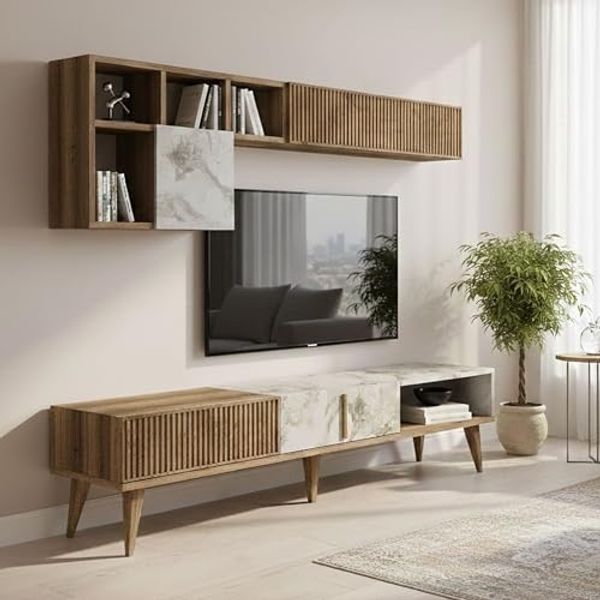 Dmora - Wohnzimmermöbel Gemini, Modulares Wohnzimmerset, Mehrzweck-Wohnzimmermöbel, Moderner TV-Schrank, 180x35h40 cm, Nussbaum und Weißer Marmor