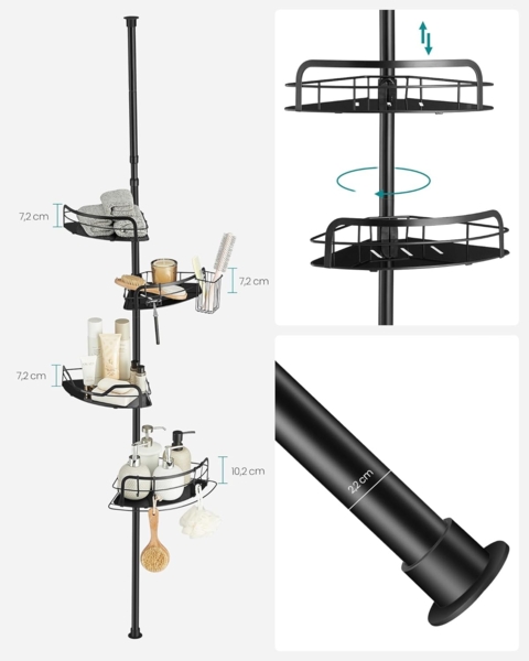 Songmics Duschregal, Badregal, Duschablage ohne Bohren, Gesamthöhe 80-323 cm, mit 4 Ebenen, Regal höhenverstellbar, für Badezimmer, tintenschwarz BCBDE003B01 Bild 6
