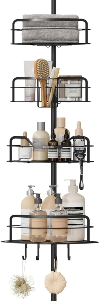 Songmics Duschregal, Badregal, Duschablage ohne Bohren, Gesamthöhe 80-323 cm, mit 4 Ebenen, Regal höhenverstellbar, für Badezimmer, tintenschwarz BCBDE003B01 Bild 1