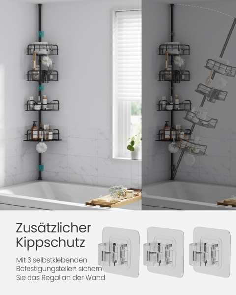 Songmics Duschregal, Badregal, Duschablage ohne Bohren, Gesamthöhe 80-323 cm, mit 4 Ebenen, Regal höhenverstellbar, für Badezimmer, tintenschwarz BCBDE003B01 Bild 4