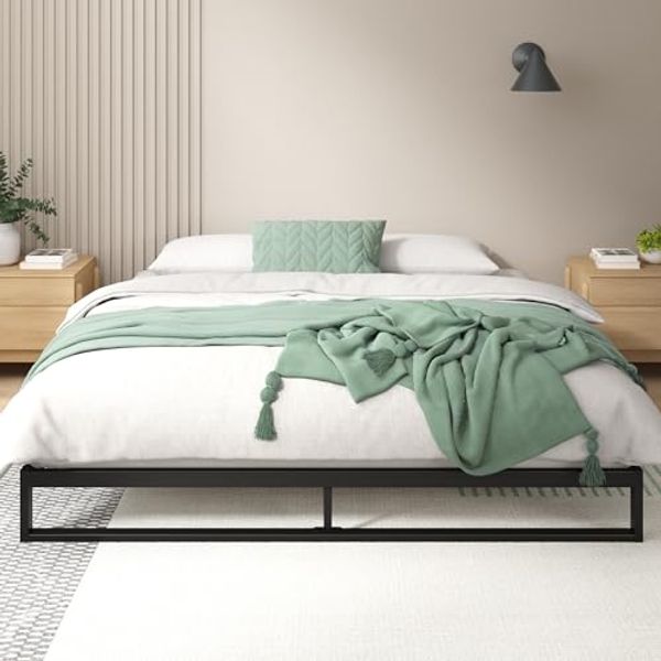 Zinus Trisha Bett 160x200 cm, Höhe Bettrahmen 18 cm, Plattform Bettrahmen aus Metall mit Lattenhalter aus Holz, Schwarz