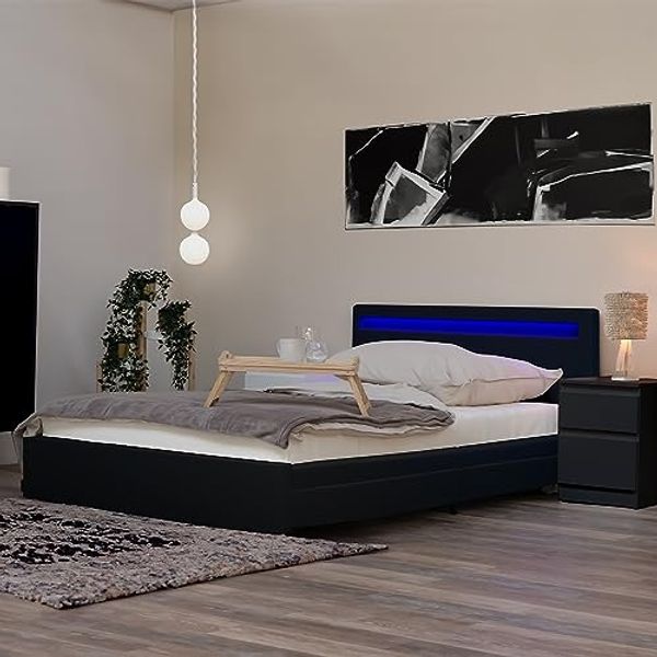 HOME DELUXE LED Bett mit Schubladen und Matratze NUBE - 140 x 200 cm Schwarz