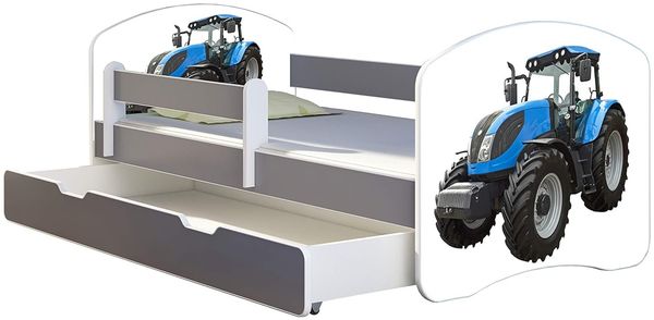 ACMA Kinderbett Jugendbett mit Einer Schublade und Matratze Grau mit Rausfallschutz Lattenrost II (42 Traktor, 140x70 + Bettkasten)