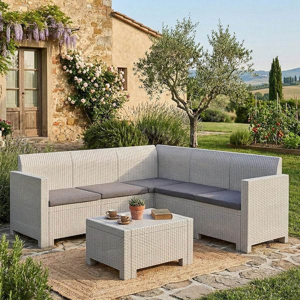 Dmora - Lounge-Set für den Außenbereich Eris, Gartenset mit Kissen, Lounge-Set für den Innenbereich in Rattan-Optik, 100% Made in Italy, Weiß