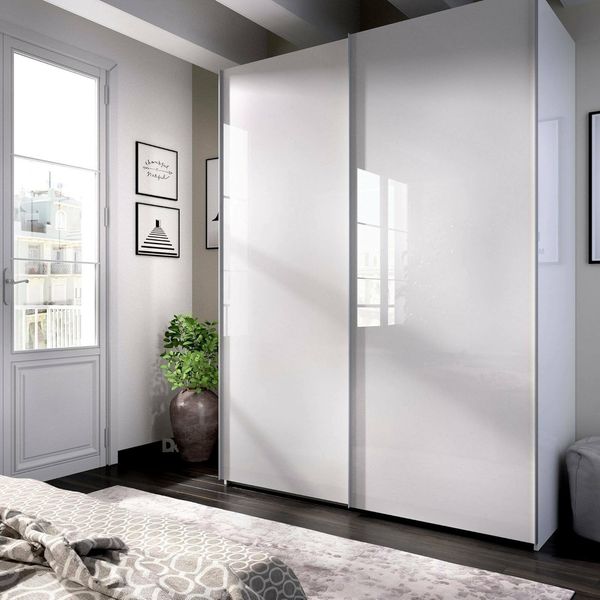 Dmora - Kleiderschrank 2 Türen Nuptse, Kleiderbügel für Schlafzimmer, Mehrzweckgarderobe, 150x65h204 cm, Glänzendes Weiß