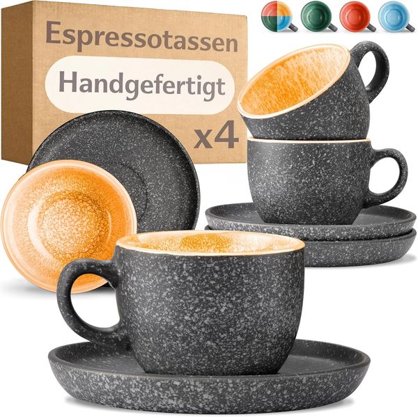 Cosumy Cappuccinotasse Espressotassen mit Untertassen 4er Set - 90 ml Keramik gelb, 8-tlg, Keramik, Warm