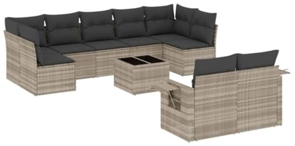 vidaXL 10-tlg. Garten-Sofagarnitur mit Kissen Hellgrau Poly Rattan 3252969