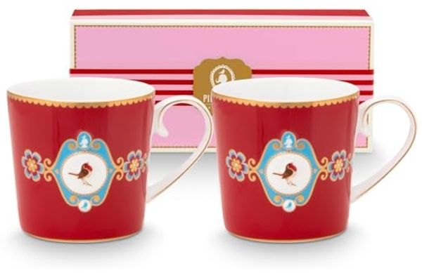 PiP Studio Becher Love Birds Medallion Red Henkelbecher Small 0,15l Set2, Porzellan