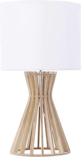 'Carrion' Tischlampe Weiß Holz 37 cm runder Stoffschirm Lampenfuß in Gitteroptik Kabel mit Schalter Landhausstil