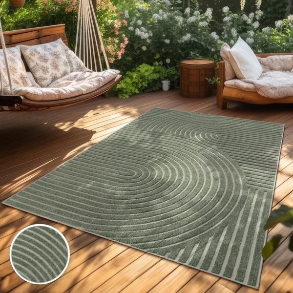 Paco Home Teppich In- & Outdoor, Moderne abstrakte Boho Designs mit 3D Struktur, robust & wetterfest, ideal für Terrasse Wohnzimmer & Küche, Grösse:200 cm Rund, Farbe:Grün 3