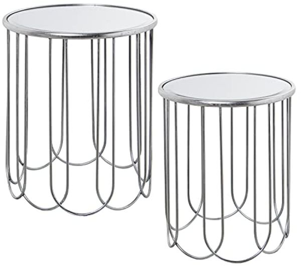 DRW Set mit 2 runden Beistelltischen aus Metall und Spiegel, silberfarben, 42x50 cm und 37x45 cm
