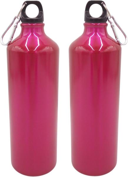 2x Aluminium Trinkflasche 1 Liter pink mit Karabiner Wasserflasche Sportflasche