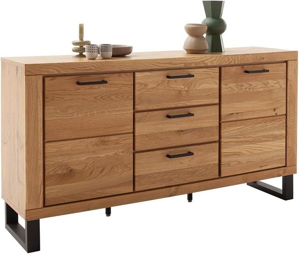 Lomadox Sideboard KUMASI-06, 159 cm breit, Eiche massiv geölt, Metallfüße und -griffe