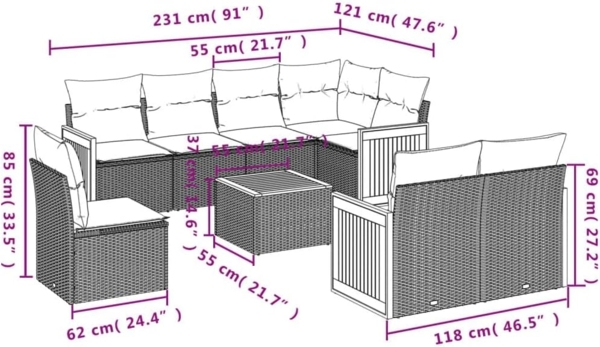 vidaXL 9-tlg. Garten-Sofagarnitur mit Kissen Schwarz Poly Rattan 3260250 Bild 3