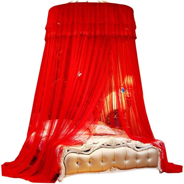 Kaiyei Moskitonetz Universal Himmelbett für Doppel, Einzel, Kinderbetten, Prinzessin Betthimmel Rund mit Klebehaken Schlafzimmer Schmetterling Dekoration Schlafzimmer Romantisch Palast Rot 180cm×220cm
