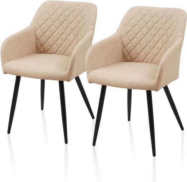 TUKAILAI Esszimmerstühle 2er Set aus Kunstleder, Modern Küchenstuhl Polsterstuhl Wohnzimmerstuhl Sessel mit Armlehnen Rückenlehne Metallbeinen, für Küche Esszimmer Wohnzimmer Lounge,Creme