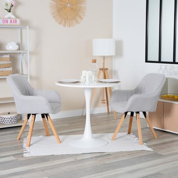 MEUBLE COSY Esstisch mit 2 Esszimmerstühle Drehbar, Essgruppen, 3er-Set, Runder Esstisch, Küchentisch mit 2 Essstühlen, Stahlgestell, für Esszimmer Küche Wohnzimmer, Weiß + Beige