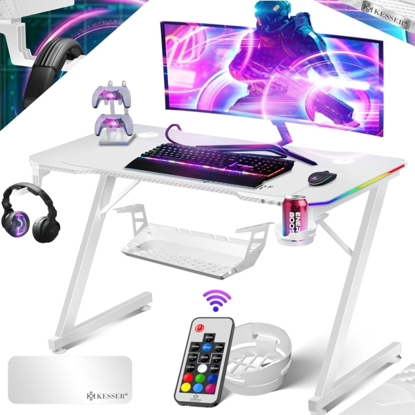 KESSER® Gaming Tisch LED | Z-Form Gamer Schreibtisch | Kopfhörerhaken & Kohlebeschichtung | Ergonomischer PC Computertisch | Stabiler Tisch mit Mauspad & Getränkehalter 100 x 60 cm, Weiß Carbon mit LED