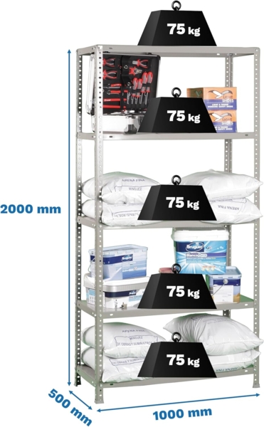 Simonrack Schwerlastregal, Lagerregal, 200 x 100 x 50 Metallregal, Kellerregal, Biegestelle 100 kg, 5 Fachböden, Grau - Comfort Bild 3