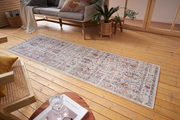 Nouristan Luxor In- & Outdoor Teppich Orient – Orientalischer Flachgewebe Vintage Used Look Waschbar Wetterfest & UV-beständig für Balkon, Terrasse, Garten, Wohnzimmer – Creme Multicolor, 75x200cm