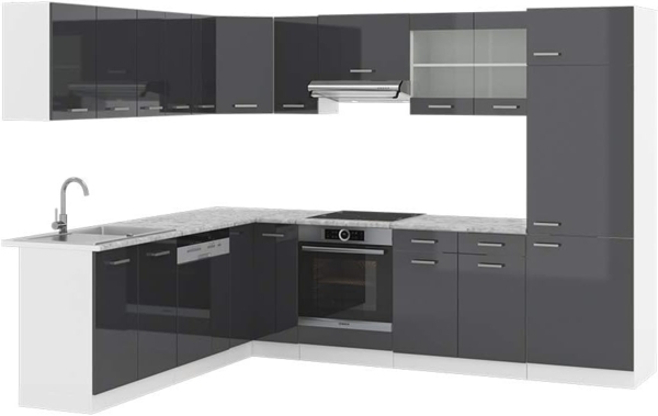 Eckküche R-Line Anthrazit Hochglanz/Weiß 287 x 60 cm , AP Marmor Vicco Bild 1