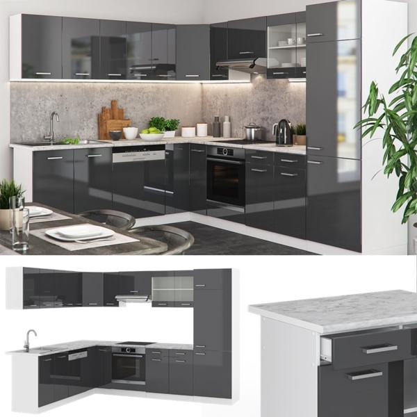 Eckküche R-Line Anthrazit Hochglanz/Weiß 287 x 60 cm , AP Marmor Vicco Bild 5