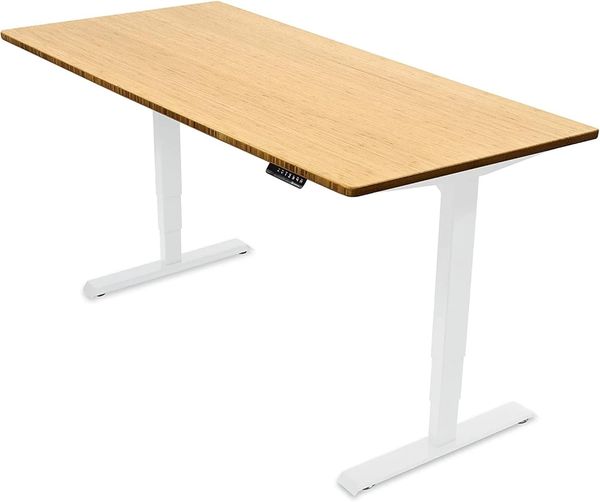 Desktopia Pro elektrisch höhenverstellbarer Schreibtisch, Ergonomischer Tisch mit Memory-Funktion, 5 Jahre Garantie - (Bambus Echtholz, 160x80 cm, Gestell Weiß)