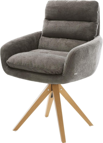 Drehstuhl Abelia-Flex mit Armlehnen Bouclé Soft Schlamm Holzgestell kantig Natur 180° drehbar