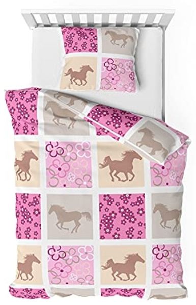 Träumschön Bettwäsche Premium Set aus Baumwolle 135x200 cm, Kinderbettwäsche Karo Pferd rosa, Baumwolle, 2 teilig, mit Reißverschluss, luftig und leichte Sommerbettwäsche für Kinder
