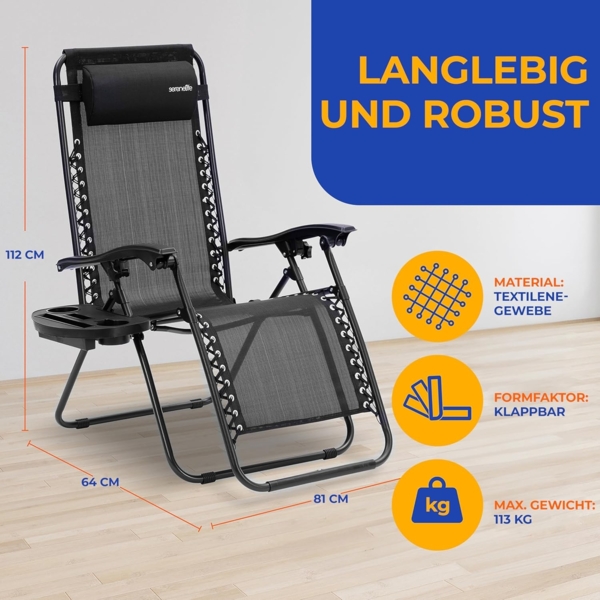 SereneLife Liegestuhl, Gartenliege Klappbar, Strandliege Verstellbar mit Seitentisch, Kopfkissen & Getränkehalter, Sonnenstuhl für Balkon, Garten, Terrasse & Camping, Deckchair 2 Personen Schwarz Bild 3