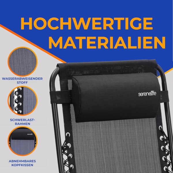 SereneLife Liegestuhl, Gartenliege Klappbar, Strandliege Verstellbar mit Seitentisch, Kopfkissen & Getränkehalter, Sonnenstuhl für Balkon, Garten, Terrasse & Camping, Deckchair 2 Personen Schwarz Bild 7