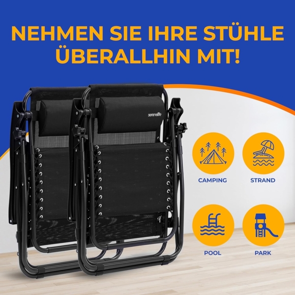 SereneLife Liegestuhl, Gartenliege Klappbar, Strandliege Verstellbar mit Seitentisch, Kopfkissen & Getränkehalter, Sonnenstuhl für Balkon, Garten, Terrasse & Camping, Deckchair 2 Personen Schwarz Bild 6