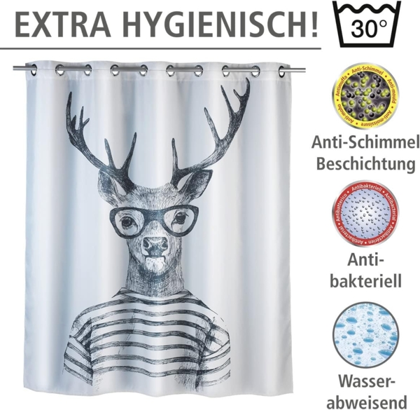 WENKO MR. DEER Duschvorhang 180 x 200 cm, Weiß/Grau, waschbar, Polyester Bild 5