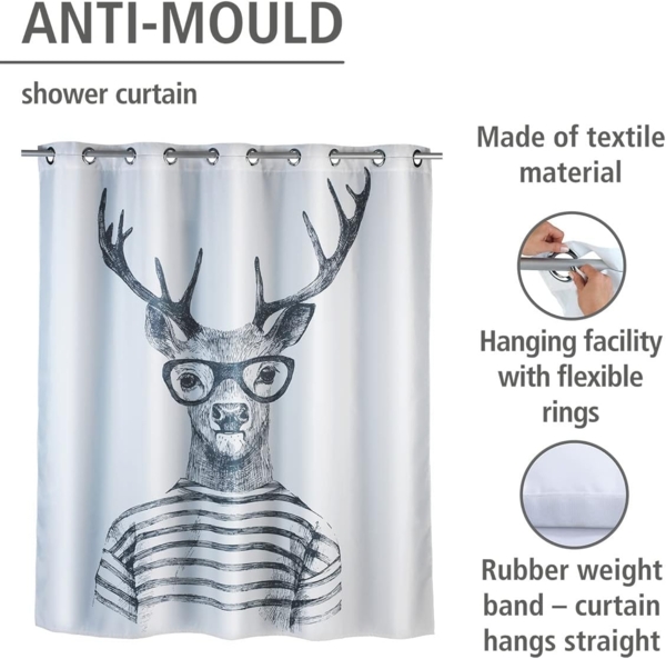 WENKO MR. DEER Duschvorhang 180 x 200 cm, Weiß/Grau, waschbar, Polyester Bild 2