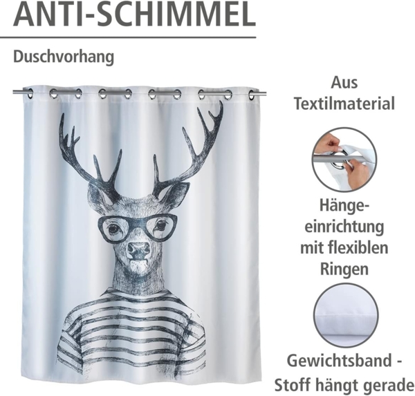 WENKO MR. DEER Duschvorhang 180 x 200 cm, Weiß/Grau, waschbar, Polyester Bild 3