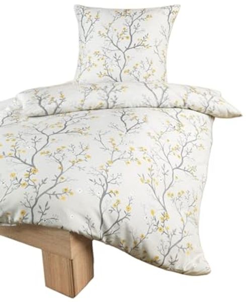 soma Bettwäsche Mikrofaser 135x200 80x80 weiß grau gold Kirschblüten sale, Microfaser, 2 teilig, Ideal für Frühling Sommer Reißverschluss absolut bügelfrei ganzjährig Bild 3