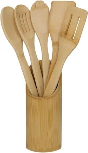 hausleben Kochbesteck-Set – 100% Bambus – 30x6 cm (6-tlg), umweltfreundlich – Langlebig – Schonend für Pfannen & Töpfe