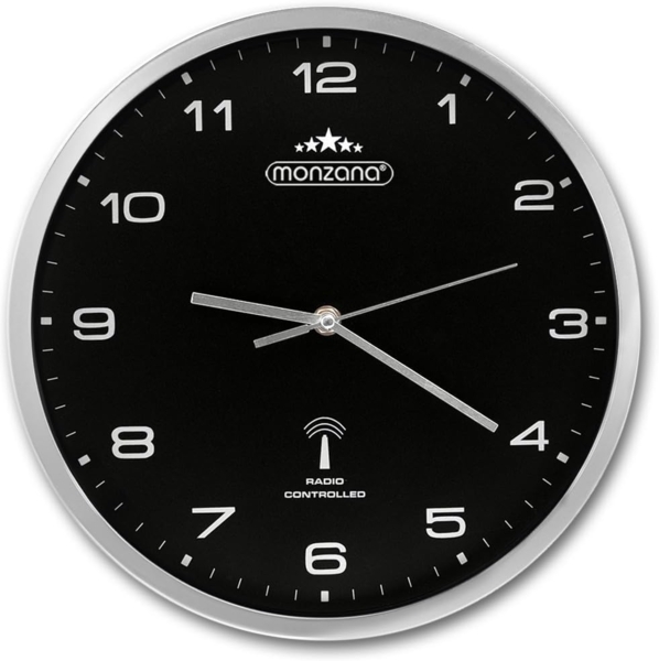 Monzana Funk Wanduhr Funkuhr 31cm Schwarz Silber