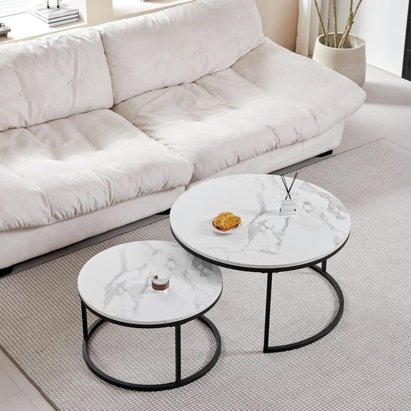GrandCA HOME Couchtisch 2er Set,Stapelbarer Couchtisch, Couchtische Rund, Marmorierte MDF-Tischplatte, Schwarze Tischbeine aus Edelstahl,Geeignet für Wohnzimmer, Esszimmer(Ø80x45H cm,Ø60x35H cm)