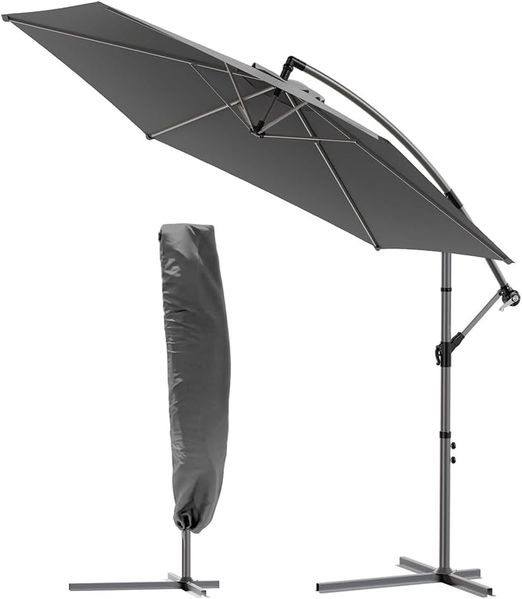 VOUNOT Ampelschirm 300 cm, Sonnenschirm mit Kurbelvorrichtung, Kurbelschirm mit Schutzhülle, Sonnenschutz UV-Schutz, Gartenschirm Marktschirm, Grau